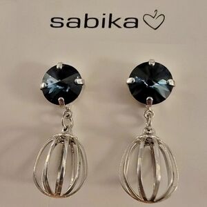 #Sabika Bermuda Blue Manhattan Crystal Silver Bird Cage Drop Earrings 1.25" long
